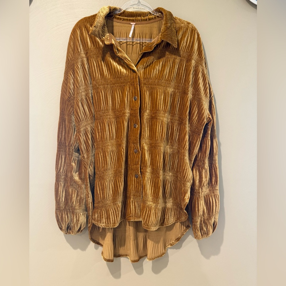 Free people oversized Velvet Button-Up Shirt in mustard